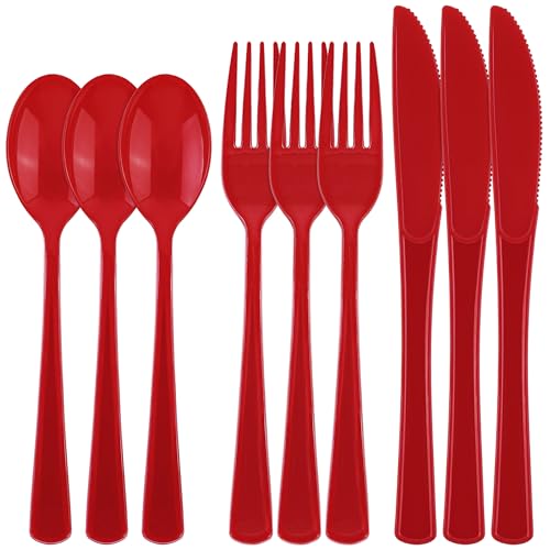 Kochorie 300 Pieces Red Plastic Silverware, Heavy Duty Plastic Cutlery Set - color: Red
