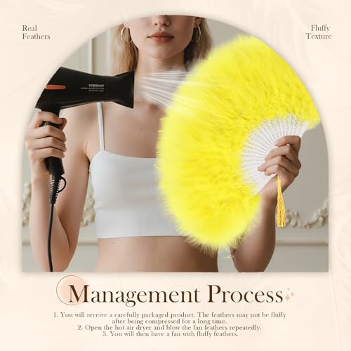 whitefeather Vintage Feather Hand Fan, 17.7 x 11.8 inches, Marabou Feathers, 1920s Style for Costume Parties, Tea Parties - color: Yellow