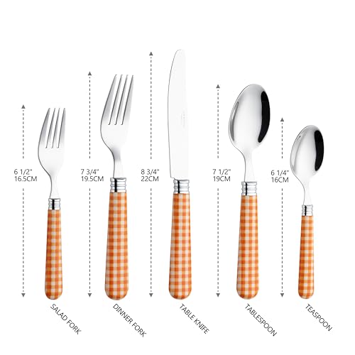 ANNOVA Silverware Set 20 Pieces Cutlery Stainless Steel Colorful Fun Handle Flatware Service for 4 - Dinner Knife, Dinner Fork, Salad fork, Dinner Spoon, Dessert Spoon (Checker Orange, 20 Pieces) - color: Checker Orange