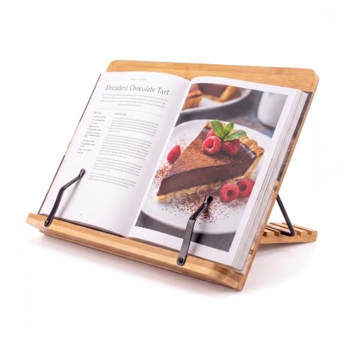 Bamboo Cookbook Stand Medium, Adjustable Book Holder Tray and Page Paper Clips -4-Position Recipe Book Stand Holds Thick Books for Kitchen Counter, Reading, Studying, Foldable - Medium - Natural Color - color: Natural, size: Medium