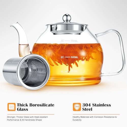 STNTUS Glass Teapot With Infuser, 27 oz / 800 ml for Loose Tea, Stainless Steel Strainer Teapots, Stovetop Safe - size: 800ml/27oz