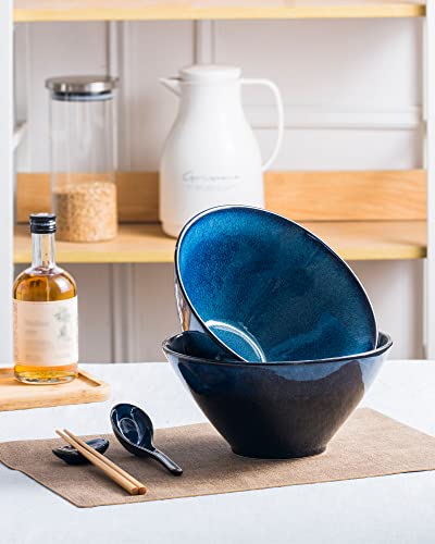 Large Ramen Bowls Set of 2, 71 oz Ceramic Noodle Bowls, Spoon & Chopsticks - color: Reactive Blue, size: 71 Oz