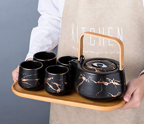 Serve of 4-Marble Porcelain Teapot Set with Infuser for Loose Tea, Black - color: Black