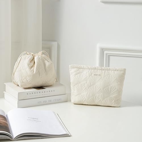 RSRSLEII Quilted Cotton Seashell Drawstring Makeup Bag, Toiletry Bag, White - color: Drawstring White