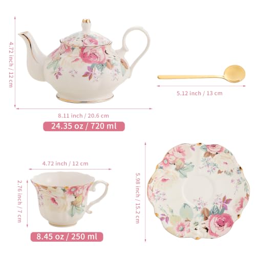 TATSUMI Country Roses Porcelain Tea Set, European Ceramic tea set for one or two,Vintage Style, For Women and Tea Parties (Pink, 7 Pieces Set) - color: Pink, size: 7 Pieces Set