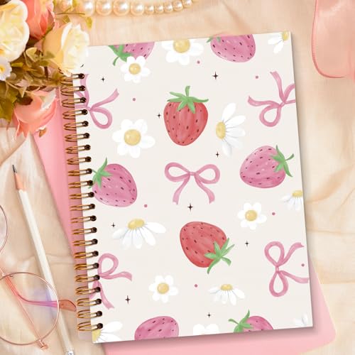 JXREQ Pink Bow Strawberry Notebook Journal for Women Girls Gifts, Strawberries Daisy Journaling Notebooks for Work Study, Girly Cute Spiral Notebooks 5.5x8.3 - color: Fruit 5