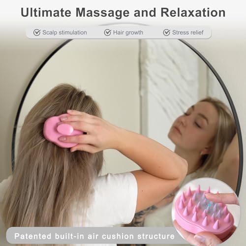 FREATECH Massager Shampoo Brush with Soft Silicone Bristles for Scalp Care, Shower Hair Scalp Scrubber Exfoliator for Dandruff Removal and Hair Growth, Wet & Dry for Men, Women and Kids, Pink - color: Pink