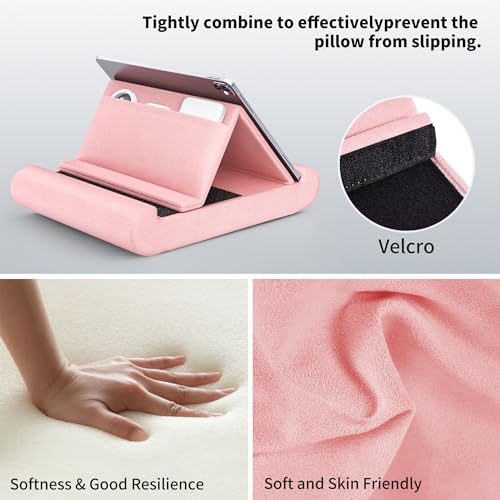 Tablet Pillow Stand, Foldable Tablet Holder for Lap, Bed, Soft Pillow Pad - color: Pink