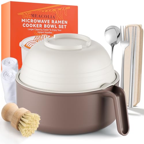 MEACOLIA Large Ramen Bowl Set, Microwave Noodle Pasta Cooker with Lid and Strainer, Stainless Steel Travel Utensils, College Dorm Room Essentials for Girls Guys (Beige) - color: Beige, size: 50 oz Ramen Bowl (with Travel Utensils)