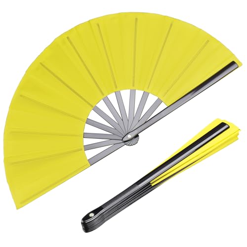 2 Pack Large Folding Hand Fan, yellow Chinese Kung Fu Tai Chi Fan Nylon-Cloth Fans for Men and Women Performance, Dance, Decorations, Festival, Gift (Folding Fan yellow 2p) - color: Folding fan yellow 2p