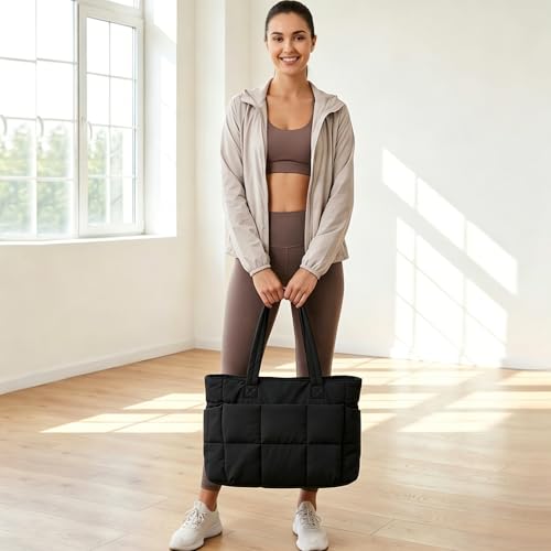 Puffer Tote Bag for Women, Quilted Multi-Pocket Lightweight Shoulder Bag for Work, Travel, Gym - color: Black