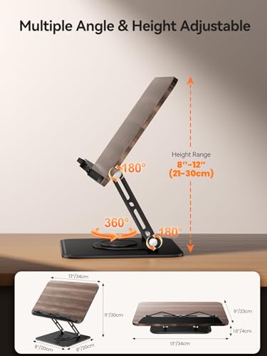 Tounee Book Stand, 360° Rotating Reading Book Holder, Adjustable Cookbook Holder for Reading Hands-Free, Foldable Desktop Recipe Book Stand with Protective Page Clips, Fits All Books - Black