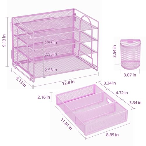Marbrasse Desk Organizer, 4-Tier Paper File Letter Tray, Purple-2P - color: Purple with Pen Holder 2P