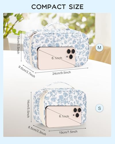 Relavel Travel Makeup Bag, Mini Floral Cosmetic Bag with 2 Layers - color: 01-Blue, size: Small