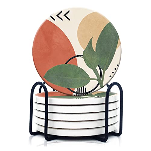 HOPONY Coasters for Drinks,6 Pieces Ceramic Stone Coaster Set with Metal Holder Stand, Cork Base,Absorbent Cups Place Mats for Home Decor,Abstract Leaf - color: Abstract Leaf