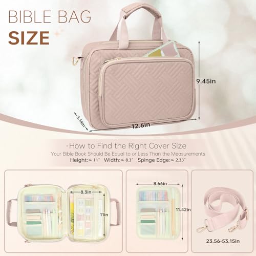Bible Cover Case for Women Bible Study Supplies Christian Gifts for Women Church Camp Essentials Christian Bible Journaling Kit Quilted Large Bible Cover with Durable Handle (Pink, Large) - color: Pink