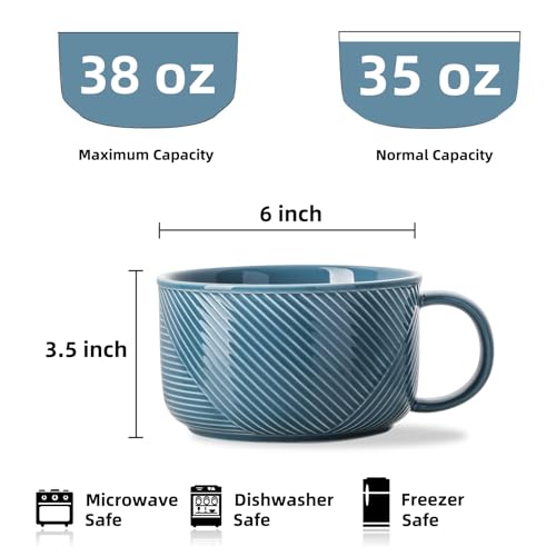 Ceramic Soup Bowl with Handle, 38 oz Microwave Safe, Sky Blue - color: Sky Blue