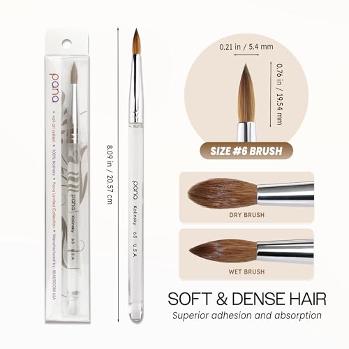 PANA Pure Kolinsky Hair Nail Brush - Round Clear Acrylic Handle (Size 6) - for Acrylic Nail Application, Nail Extension, Manicure Pedicure Salon Beginner and Professional - color: Clear, size: Size 6