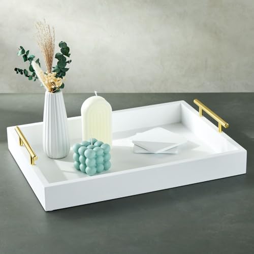 Juvale Ottoman Tray with Coasters & Interchangeable Gold & Silver Handles - 15.7" x 11.8" x 3.1" - White Rustic Wood Rectangular - Coffee Table Tray for Serving & Decorative Accents - color: White