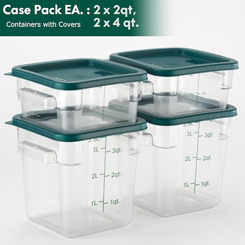 CURTA 4-Pack Food Storage Containers with Green Lids - 2 Qt & 4 Qt Square Clear Polycarbonate - NSF Listed, Commercial Grade, Freezer & Dishwasher Safe, Stackable - color: 2 qt & 4 qt (2-Pack each)
