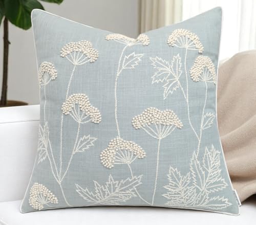Rudransha Hand Embroidered Wildflower 20x20 Pillow Cover, Robins Egg - color: Blooming-robins Egg, size: 20" x 20" (Pack of 1)