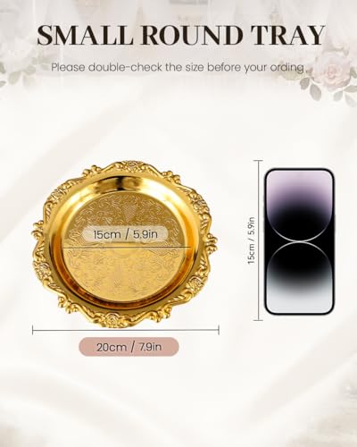 Gold Decorative Tray Set of 2, 8'' Round Vintage Metal Vanity Tray for Perfume, Small Ornate Jewelry Dish, Bathroom Counter Organizer, Coffee Table Decor - color: Gold, size: 8''