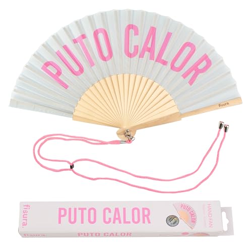 Fisura – Original folding fan with message “P*to calor”. Grey wooden handheld fan for women. Lightweight accessory for raves, weddings, birthdays, festivals, parties and creative gift ideas. - color: Calor, Grey and Pink