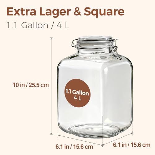 ComSaf Square Glass Pantry Jars with Airtight Lids 1.1 Gallon 2 Pack Large - size: 1.1 gallon x 2