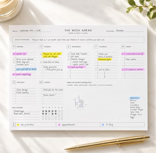 ThreeKin Essential Weekly Planner - 8.5"x11", 52 Tear-Off Sheets, Motivational Design, Goal Setting, Time Management, To-Do Lists, Productivity Organizer, Perfect for Home, Office, Students, Work - size: 8.5" x 11", style: Motivational