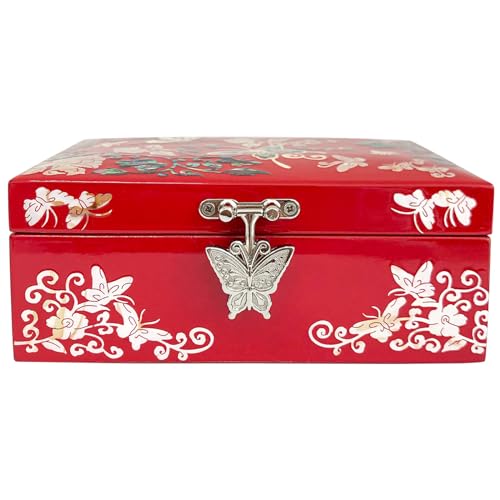 Mother of Pearl Jewelry Ring Necklace Mini Trinket Wooden Box - Inlay with Sea Shell Gifts for Women (Red) - color: Red