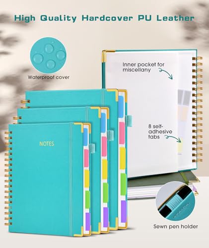 Hardcover Spiral Notebook journal with Removable Dividers Tabs, 300 Pages Leather 5 Subject Notebook College Ruled, 100GMS A5 Notebooks for Work School Note taking,Lined Journal for Women,A5-Blue - color: Blue, size: 6.2"x8.2"