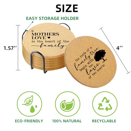 Coasters for Drinks with Holder Set of 6, Family Coasters Home&Love Coaster for New Home Couples House Warming Gifts Absorbent Cork Wood for Cup Desk Coffee Table Office Kitchen Decor, Round 4" - color: Home&love