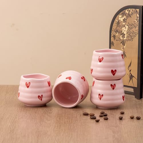 Ceramic Tea Cup Set, 5OZ Espresso Cups, Pink Love, Set of 4 - color: Pink Love