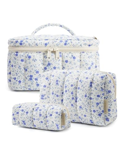 BAGSMART Puffy Makeup Bag Set, 3 Pc Travel Cosmetic Pouch, Blue Floral - color: Blue Floral