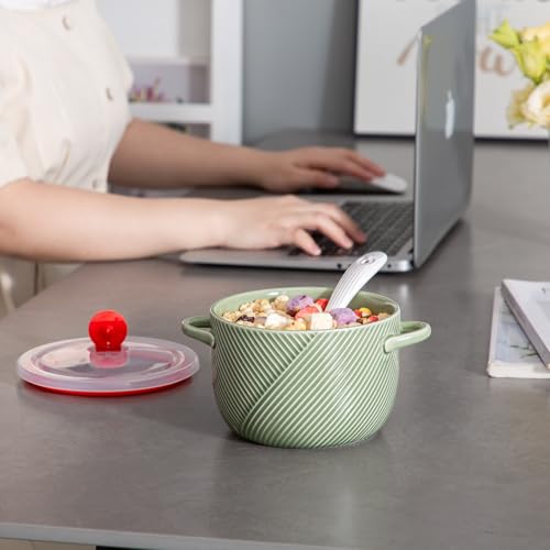 Ceramic Soup Bowl with Lid & Handle, Microwave Safe 32 oz, Green - color: Green, size: 1 pcs