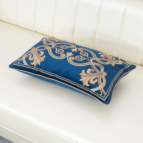 Aeckself European Floral Pillow Cover 12x20 Inch, Luxury Velvet Embroidered Decorative Lumbar Throw Pillow Cover for Couch Bedroom Living Room, Navy Blue and Gold, Yw-OBYG-Blue3050 - color: Navy Blue Gold, size: 20" x 12" (Pack of 1)