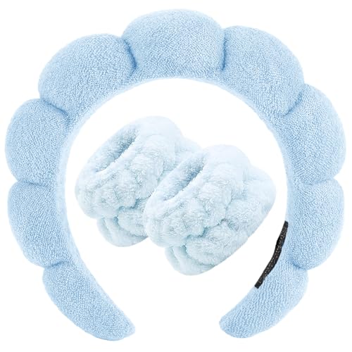 Zkptops Spa Headband for Washing Face Wristband Set Sponge Makeup Skin Care Terry Cloth Bubble Soft Get Ready Light Blue Hairband Women Girls Puffy Padded Headwear Non Slip Thick Hair Accessory - color: ZC Light Blue-2