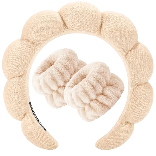Zkptops Spa Headband for Women Sponge Makeup Skincare Headband Washing Face Wristband Set Terry Cloth Bubble Soft Get Ready Hairband Puffy Padded Headwear Non Slip Thick Hair Accessory(Beige) - color: YR Beige