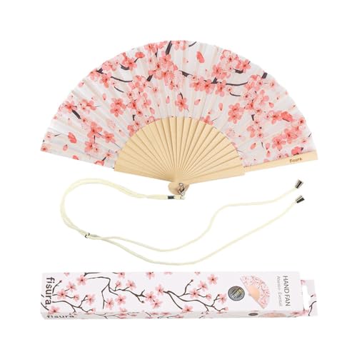 Fisura – Original Sakura Folding Fan, Elegant White Handheld Wooden Fan for Women, Includes Hanger, Perfect for Wedding, Party, Travel or Unique Gift idea - color: Sakura, White