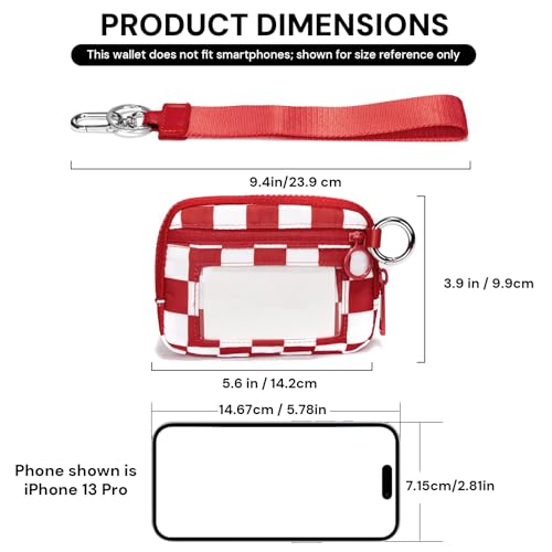 Keychain Wallet for Women with Clear ID Window, Coin Pouch and Wrist Strap - color: Red Checkerboard