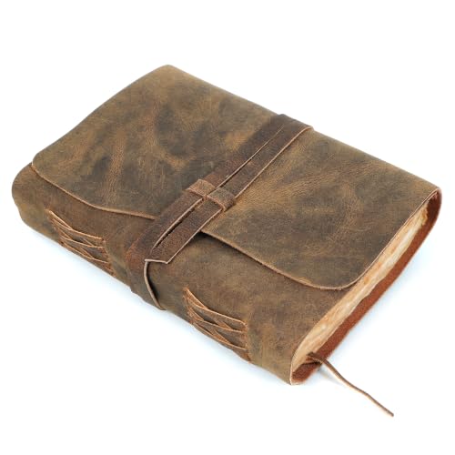 ELIZO Vintage Leather Bound Journal for Men & Women, Book of Shadows Grimoire Journal, Strap Closure-200 Handmade Deckle Edge Pages Genuine Leather Sketchbook Notebook, Teak Brown, 5X7 Inches - size: 5x7 (Strap Closure)