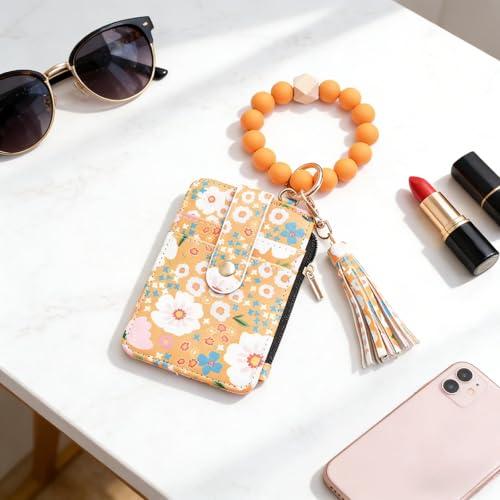 Flower Keychain Wristlet Wallet for Women, Cute Silicone Beaded Credit Card Holder Key Ring Bracelet Wallet - color: D-yellow