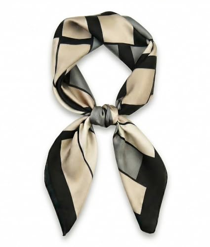 corciova Women’s Square Scarf 27.5 in (70 x 70 cm), Satin-Feel Polyester, Lightweight Fashion Scarf for Hair, Neck and Bag - color: Geometric (Black / Beige / Gray)