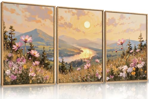 LHIUEM Large Boho Sunset Wildflower Framed Canvas Wall Art,Nature Pink Flower Wall Decor,Blossom Botanical Mountain Landscape Artwork for Living Room,Bedroom,Dining Room,Office -16"x24"x3 - color: Boho Sunset Wildflower Wall Art, size: 24"L x 16"W