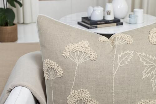 Rudransha Hand Embroidered Wildflower 20x20 Pillow Cover, Natural - color: Blooming-natural, size: 20" x 20" (Pack of 1)