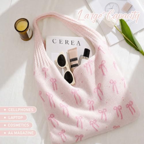 hatisan Crochet Bag for Women, Handmade Knit Beach Tote Bag Summer - color: Pink Bows