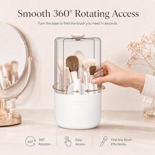 EACHY Makeup Brush Holder with Lid, 360° Rotating Vanity Organizer for Brushes, Dustproof Cosmetic Display Case, 7 Compartments, Waterproof Plastic (White) - color: White