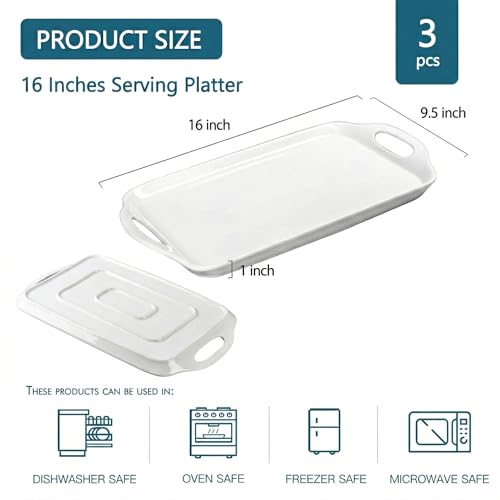 Dizada Serving Tray with Handles 16"x9.5" - White Porcelain Platters 3-Pack, Large Rectangular Serving Platters for Party, Entertaining, Fruit, Turkey, Dessert