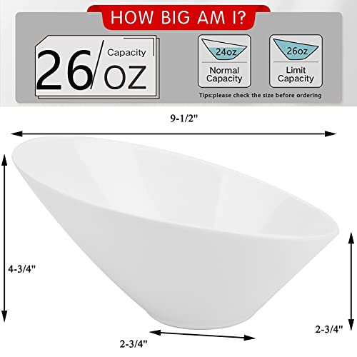 Yesland 24oz White Ceramic Serving Bowls Set of 2, 9.5" Angled Salad Pasta Bowls, Dishwasher Microwave Safe for Soup, Ramen, Cereal, Rice, Noodle, Kitchen & Restaurant Use