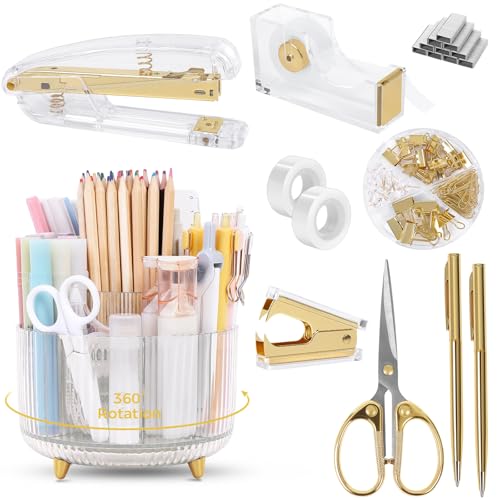 SKYDUE Gold Office Supplies Set with Pencil Holder for Desk - color: Gold